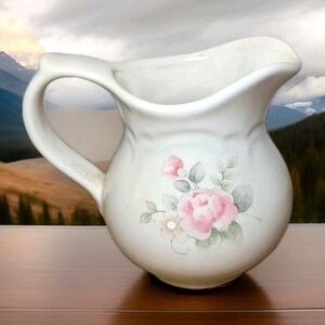 Pfaltzgraff Tea Rose Creamer 5" Tall Pitcher Stoneware Ivory Pink Floral Gift